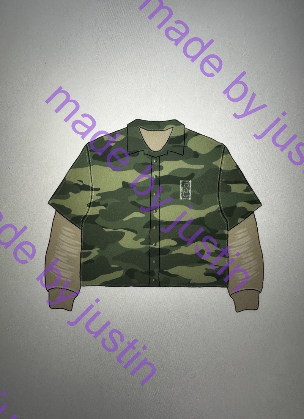 Camo-Overshirt mit Layer-Ärmeln — Originalskizze aus Justins Hand