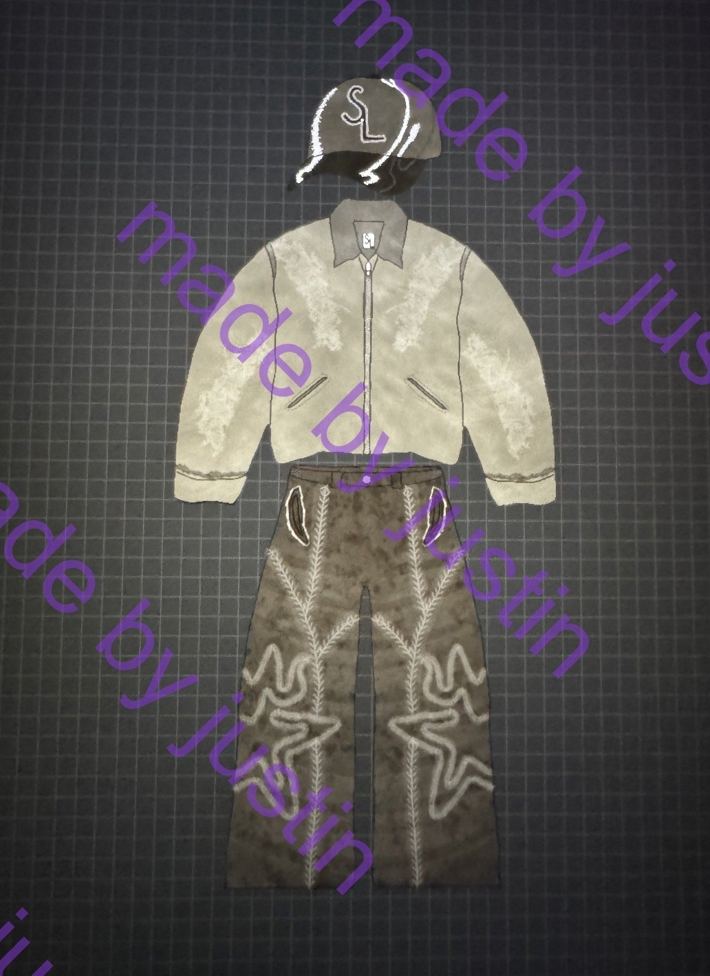 Cap · Jacke · Star Pants — Originalskizze aus Justins Hand