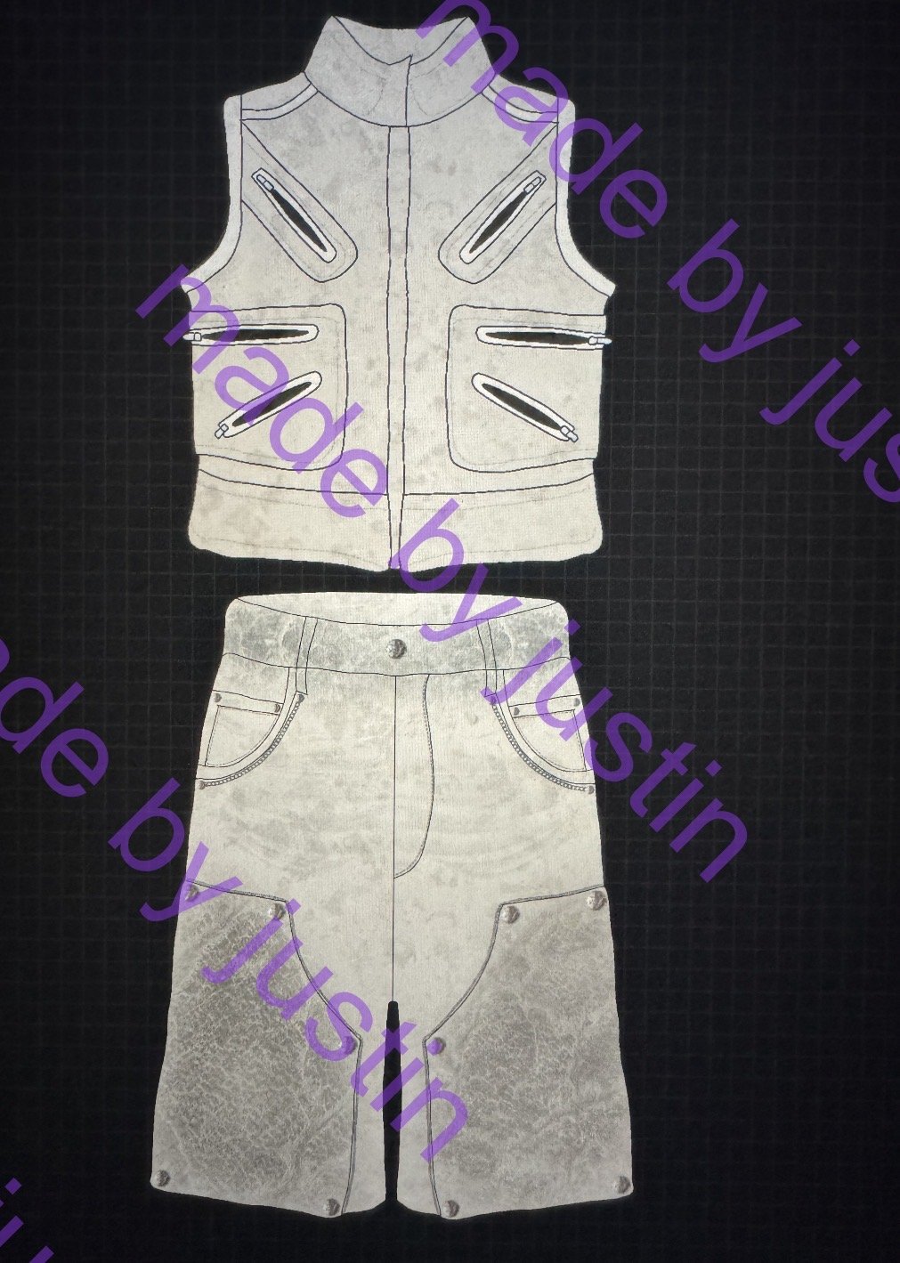 Utility-Weste & Cargo-Shorts — Originalskizze aus Justins Hand